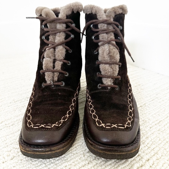 BALLY Makila Women’s 37 Brown Fur Lined Lace Up Ankle Boots Alpine Chic Heritage - Picture 1 of 12